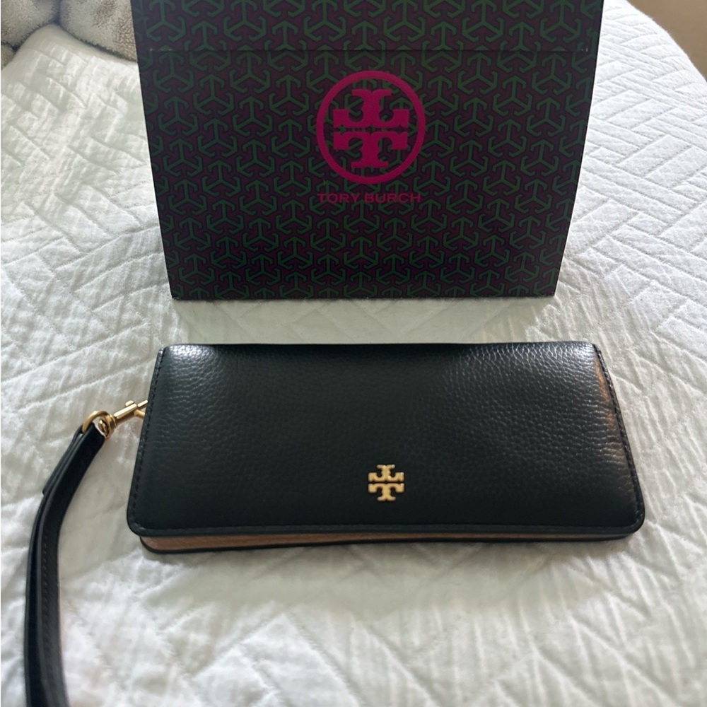 Tory Burch Black Wristlet with Gold Logo